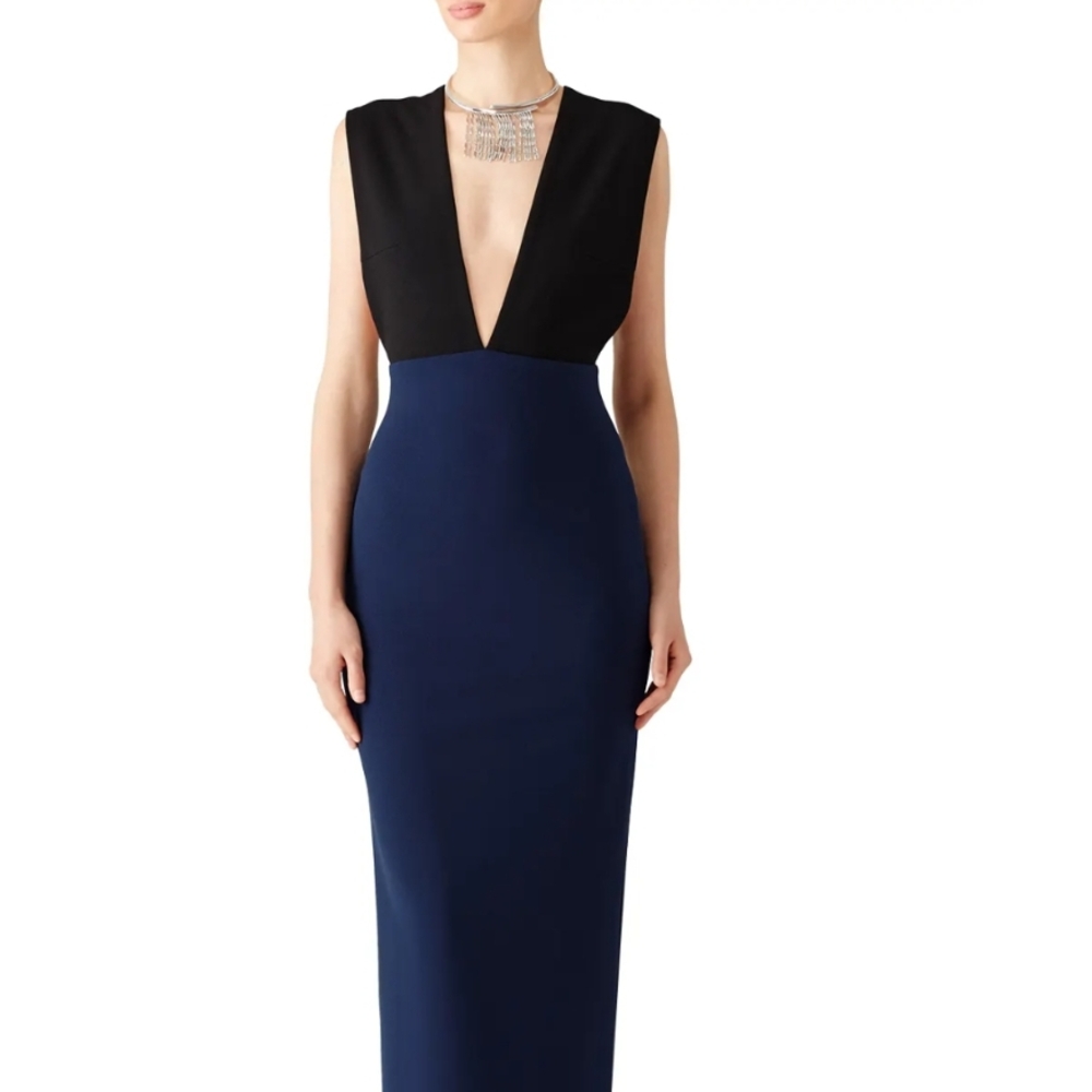 Solstice Black and Blue Deep V-Neck Maxi Dress